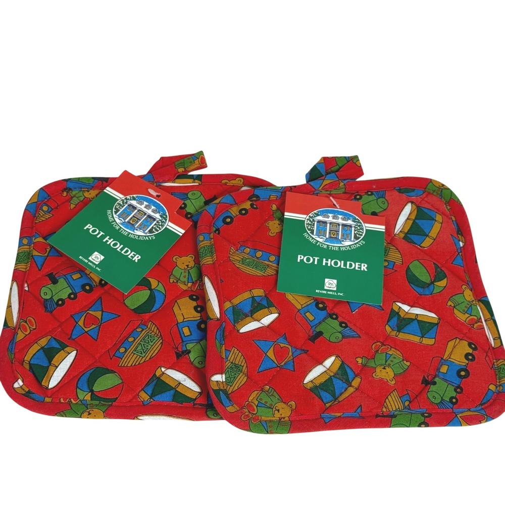 Vintage Revere Mills Home for the Holidays Pot Holders NWT Red Toy Print Set 2